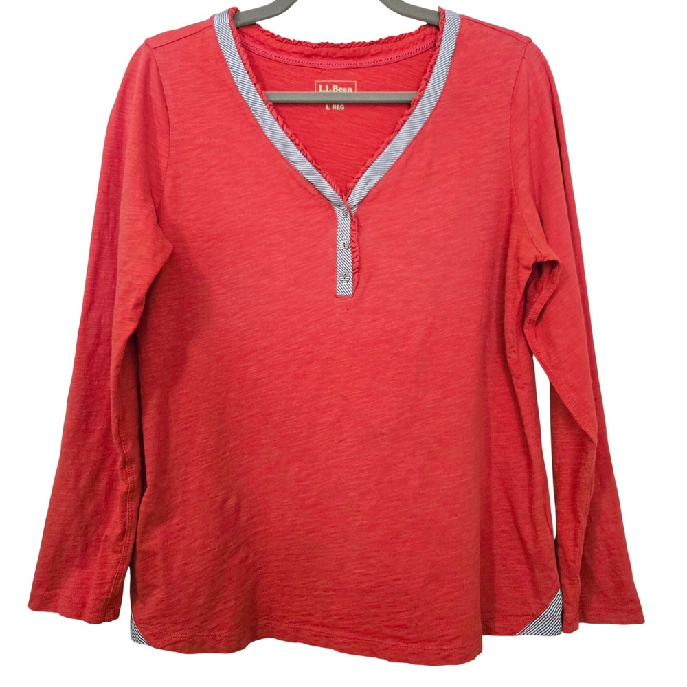 LL Bean Sporty Chic Women L Red Slub Knit Henley Top Ruffle Trim Roll Tab Sleeve